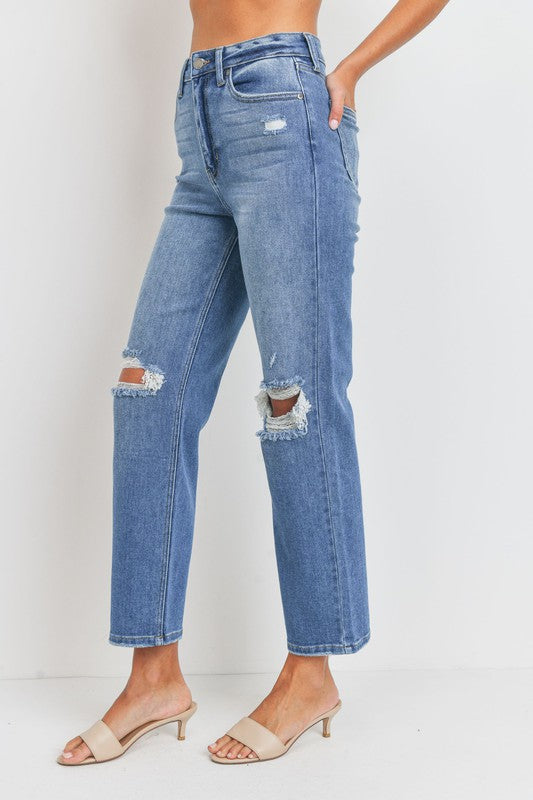 High Rise Straight Jeans with Distressed Knees - Medium Wash