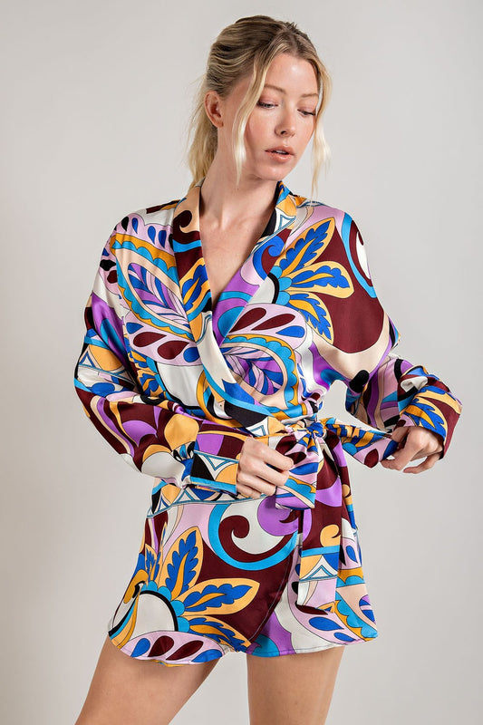 Printed Wrap Long Sleeve Romper