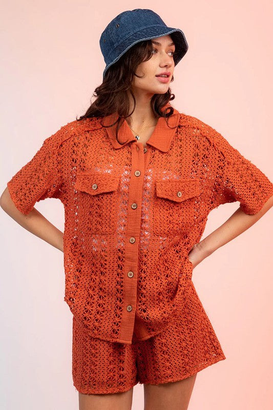 Crochet Knit Draw String Shorts - Rust
