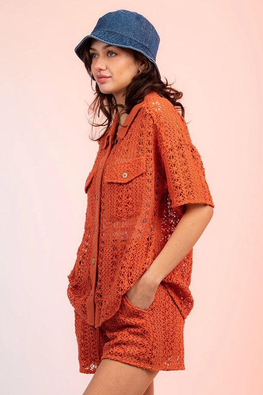 Crochet Knit Draw String Shorts - Rust