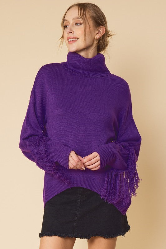 Long Sleeve Turtleneck Sweater with Fringe - Violet