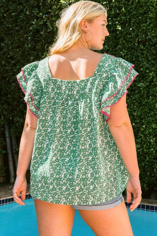 Plus - Floral Embroidered Blouse with Tiered Ruffle Sleeves - Kelly Green
