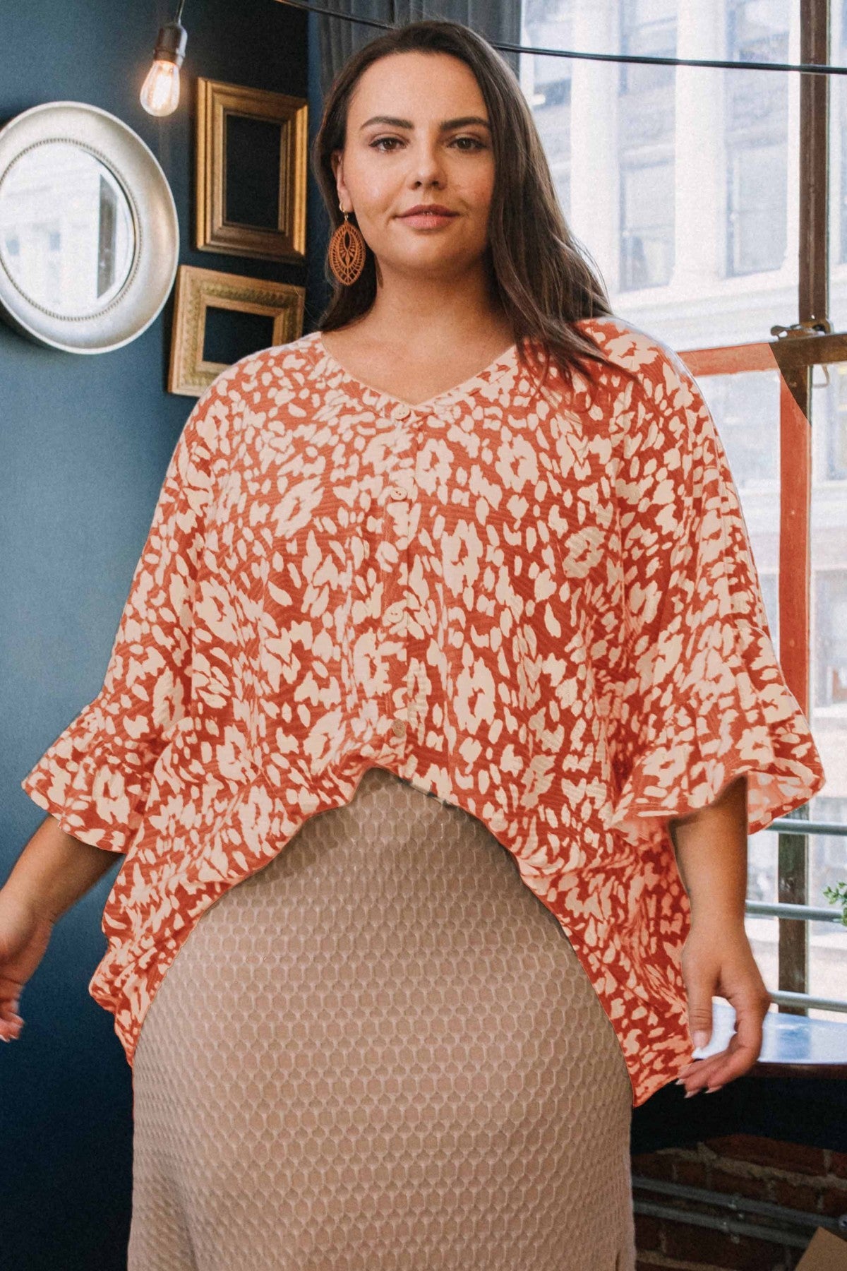 Plus - Printed Tunic Top with 3/4 length Dolman Sleeves - Brick