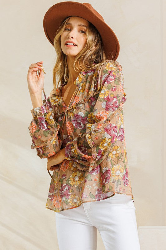 Flower Print Ruffled Long Sleeve Blouse