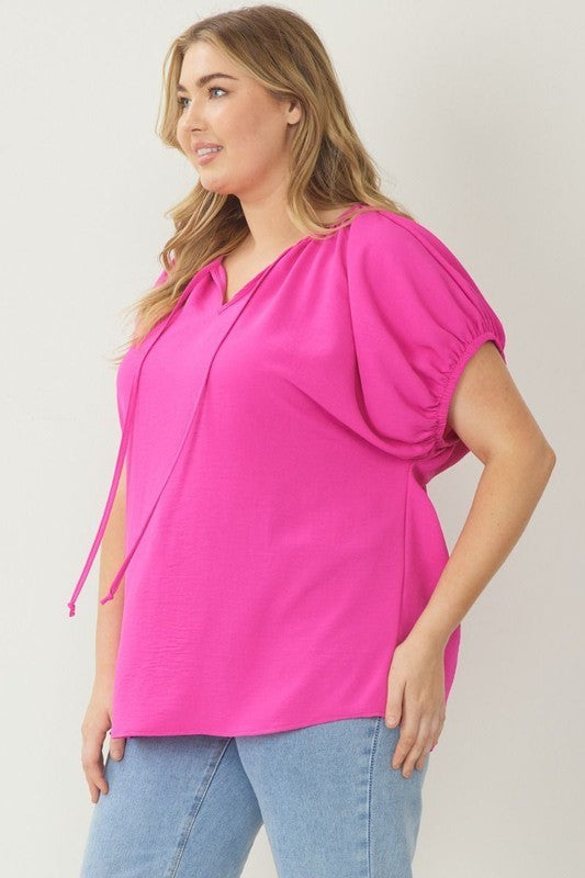 Plus - Bubble Sleeve Top - Hot Pink