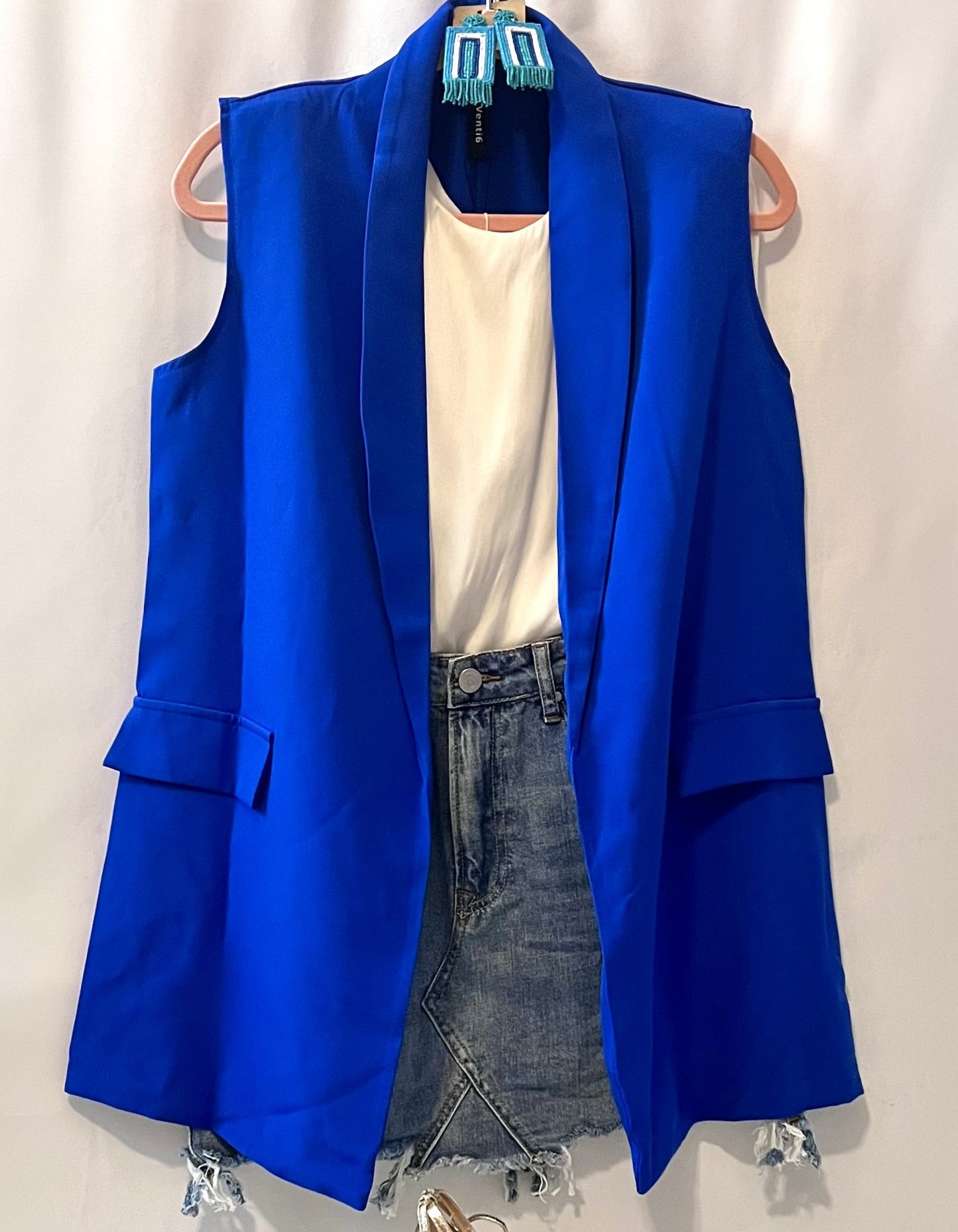 Collared Long Vest - Blue