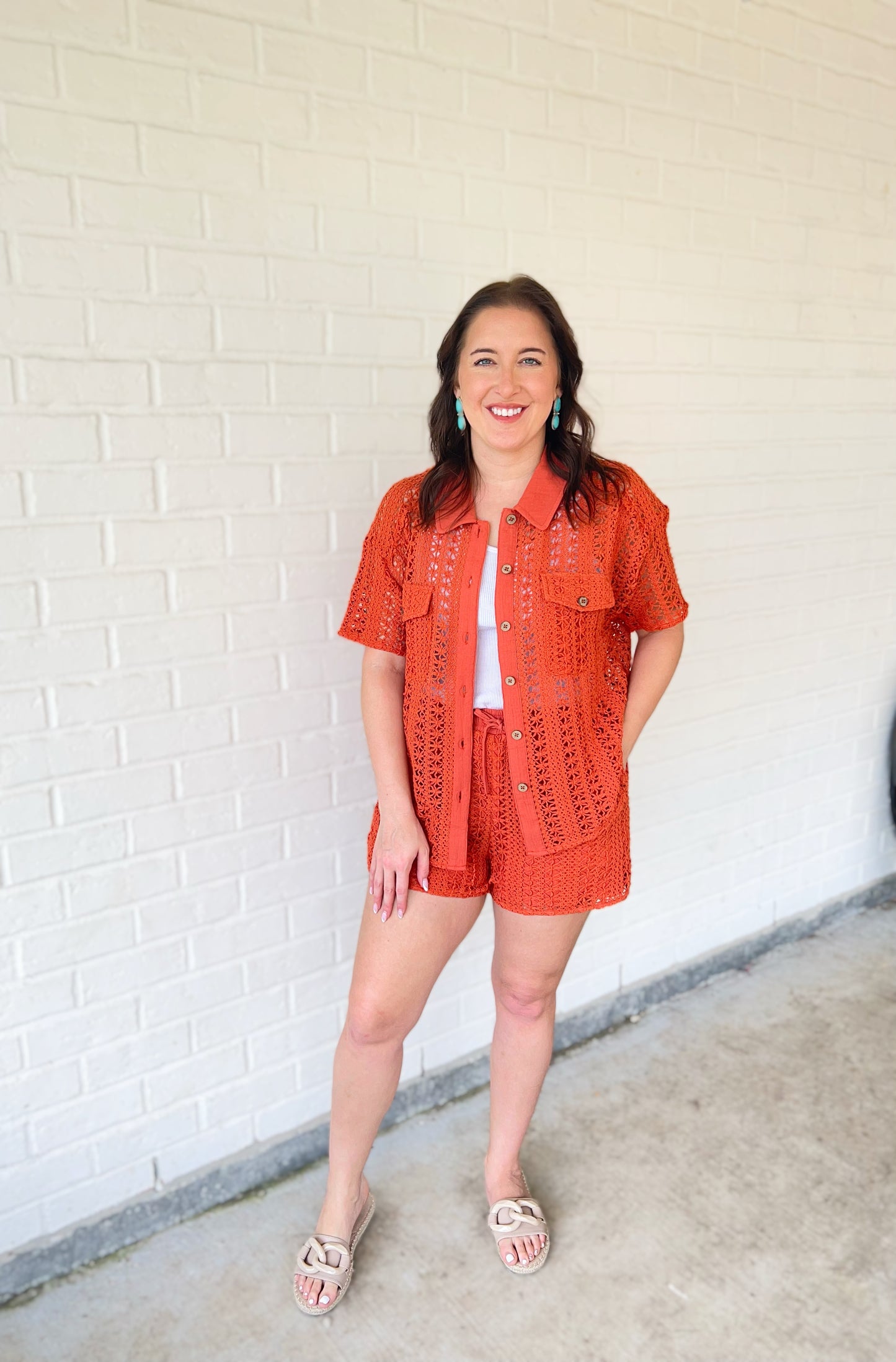 Crochet Knit Draw String Shorts - Rust