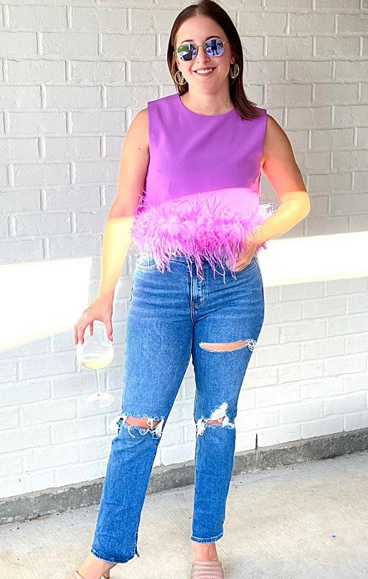 Sleeveless Tank with Feather Trim - Purple