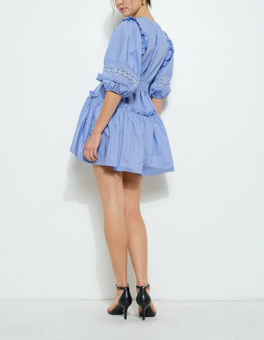 Cotton Tiered Mini Dress with Short Puff Sleeves - Sea Blue