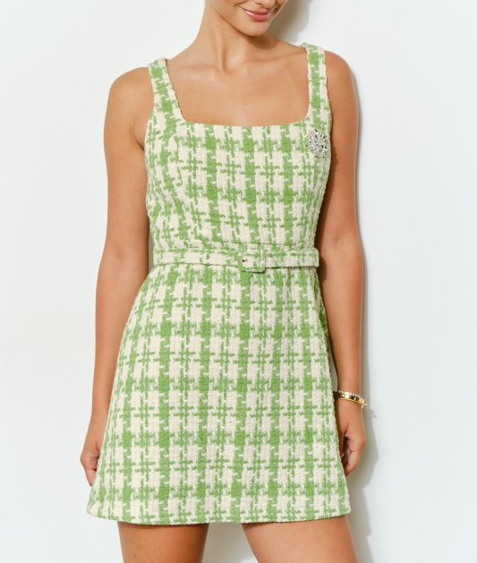 Tweed Belted Mini Dress with Brooch Detail - Lime