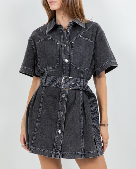 Contrast Stitching Denim Dress with Belt - Dark Wash