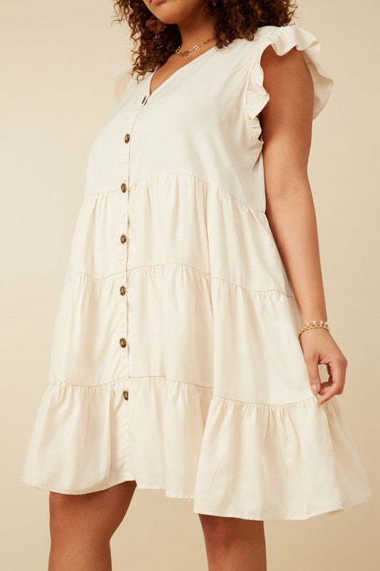 Plus Ruffled Button-Down Tiered Tank Dress - Ivory