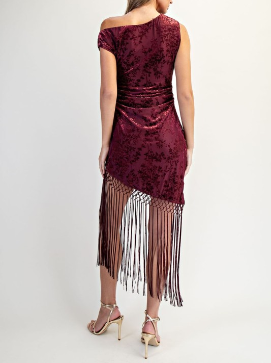 Velvet Asymmetric Midi Dress with Fringe Trim - Burgundy