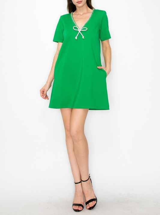 Crystal Bow and Crystal Trim V Neck Short Sleeve Mini Dress - Apple Green