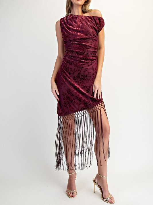Velvet Asymmetric Midi Dress with Fringe Trim - Burgundy