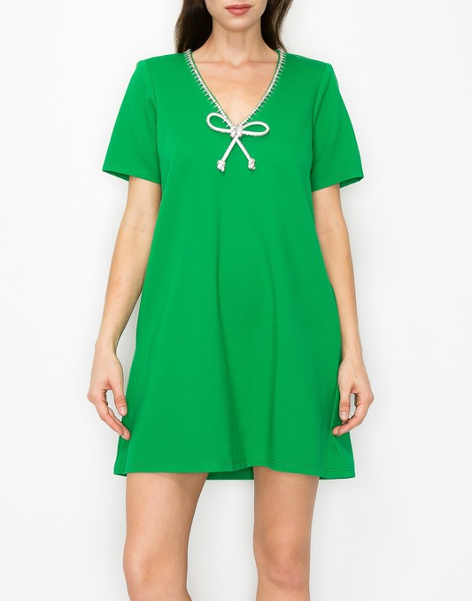 Crystal Bow and Crystal Trim V Neck Short Sleeve Mini Dress - Apple Green