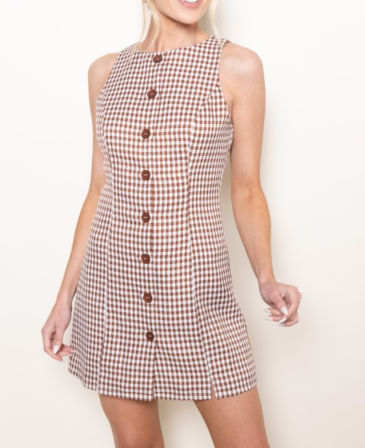 Gingham Button Down Mini Dress - Cocoa/White