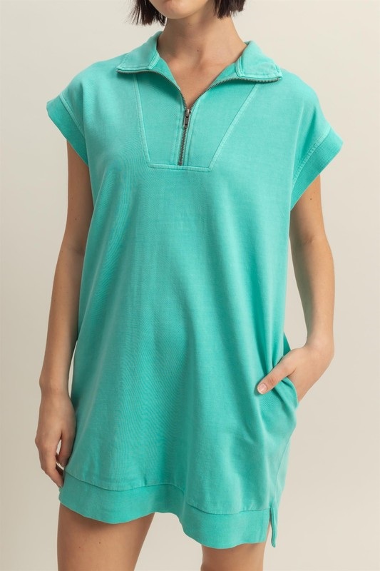 Half Zip Mock Neck Mini Dress - Turquoise