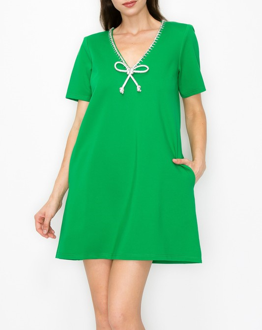 Crystal Bow and Crystal Trim V Neck Short Sleeve Mini Dress - Apple Green