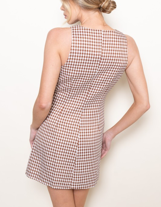 Gingham Button Down Mini Dress - Cocoa/White