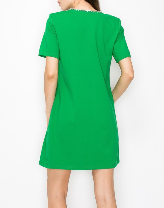 Crystal Bow and Crystal Trim V Neck Short Sleeve Mini Dress - Apple Green