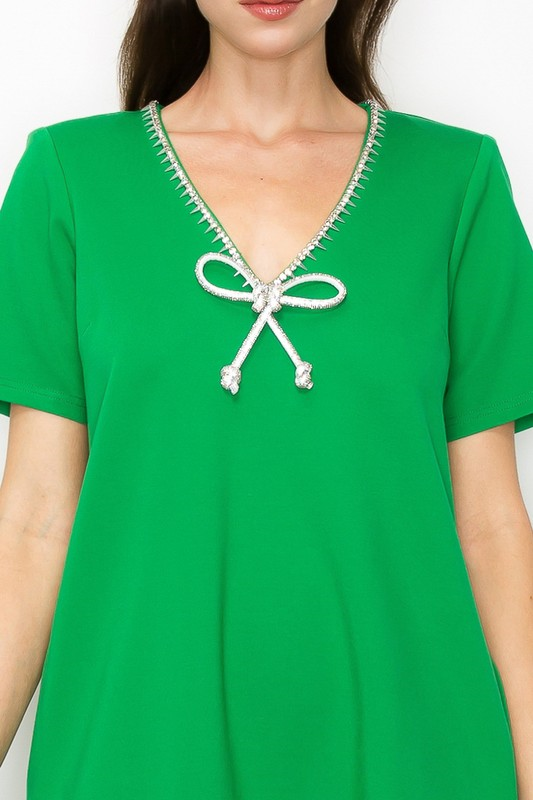 Crystal Bow and Crystal Trim V Neck Short Sleeve Mini Dress - Apple Green