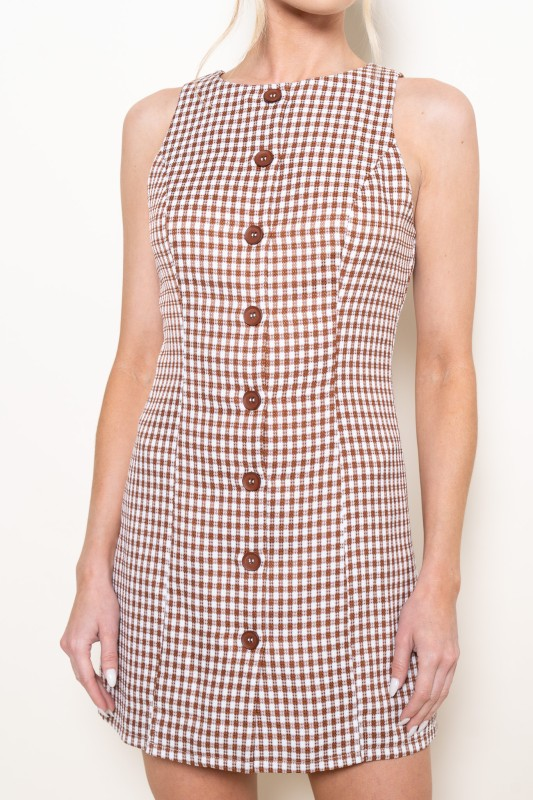 Gingham Button Down Mini Dress - Cocoa/White