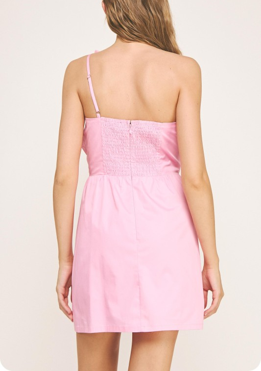 One Shoulder Knotted Bow Mini Dress - Pink Lilac