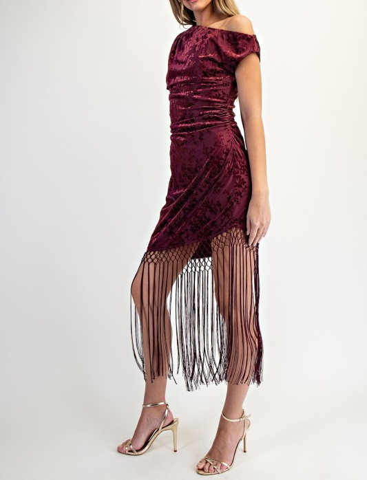 Velvet Asymmetric Midi Dress with Fringe Trim - Burgundy