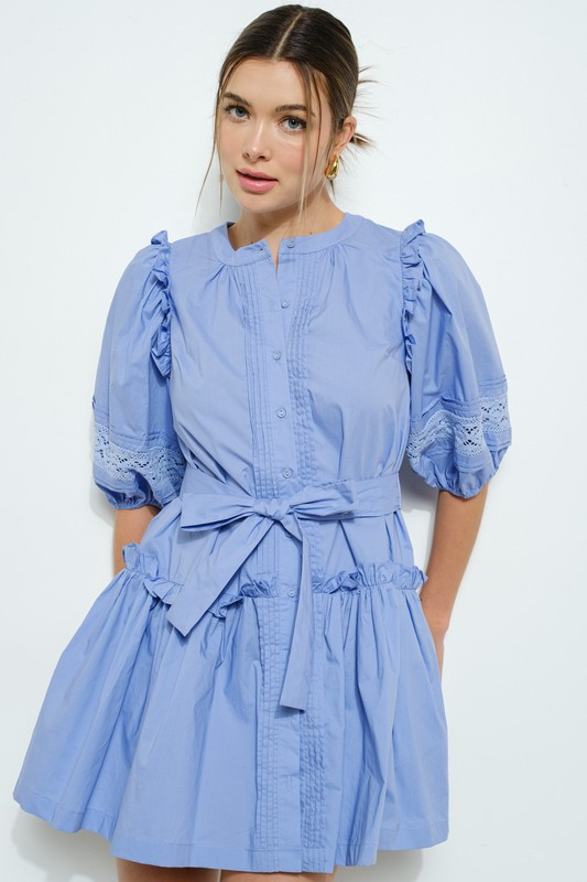 Cotton Tiered Mini Dress with Short Puff Sleeves - Sea Blue