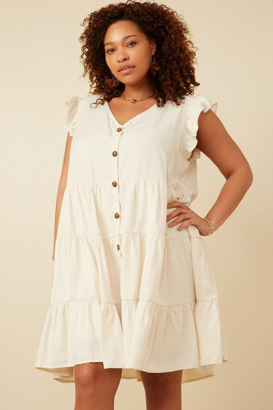 Plus Ruffled Button-Down Tiered Tank Dress - Ivory