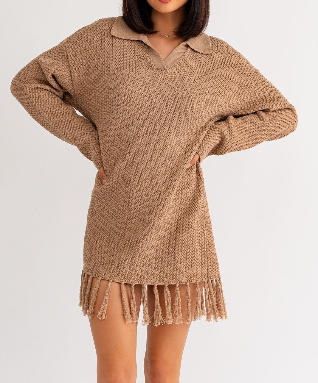 Sweater Dress with Fringe Detail - Mocha