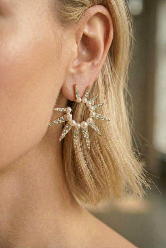 Solar Ray Hoop Earrings with Pearl and Rhinestones - Gold