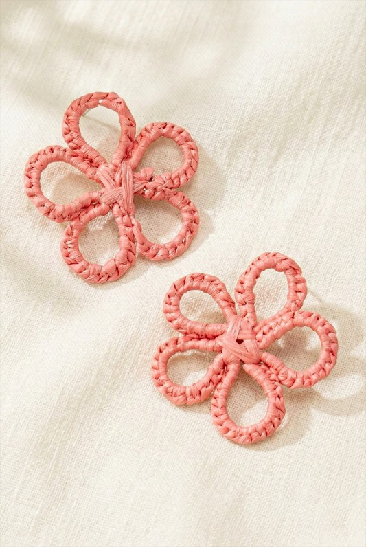 Raffia Straw Flower Earrings - Pink