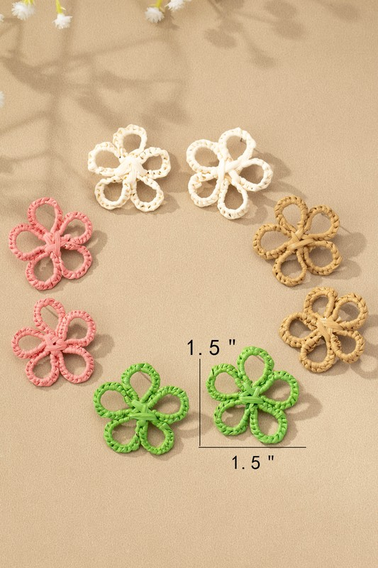 Raffia Straw Flower Earrings - Pink