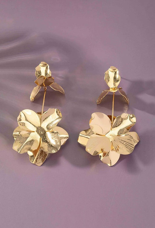 Large Thin Metal Flower Drop Earrings - Gold