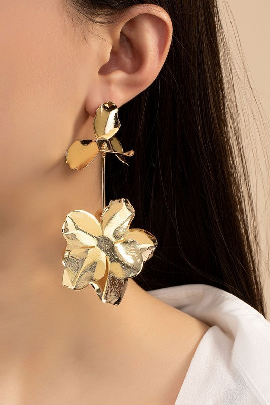 Large Thin Metal Flower Drop Earrings - Gold