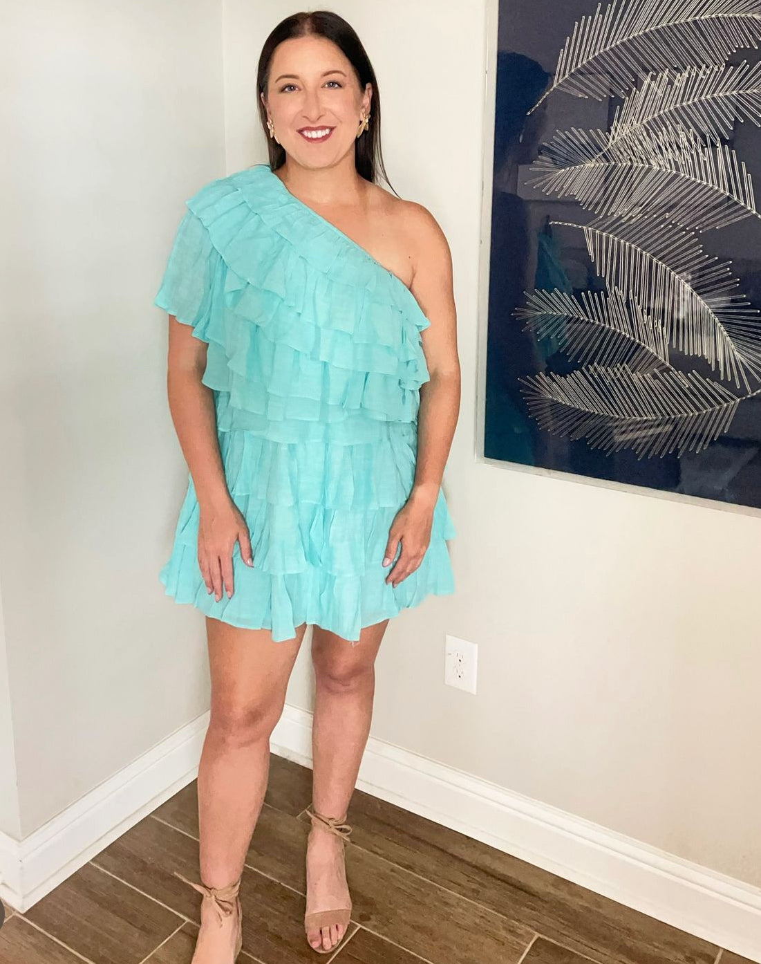 One Shoulder Tiered Ruffle Mini Dress - Mint