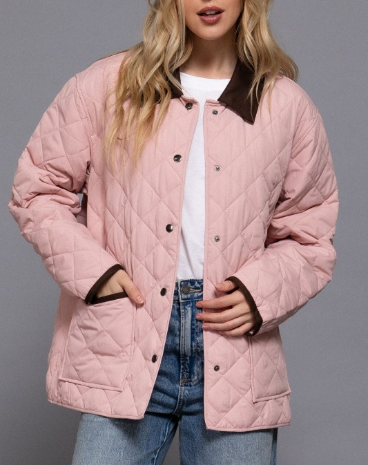 Quilted Puffer Work Jacket - Light Pink/Chocolate Trim