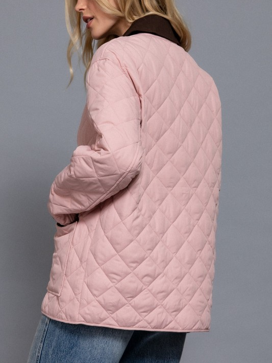Quilted Puffer Work Jacket - Light Pink/Chocolate Trim