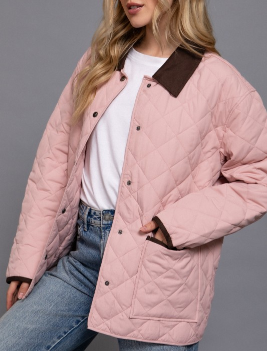 Quilted Puffer Work Jacket - Light Pink/Chocolate Trim