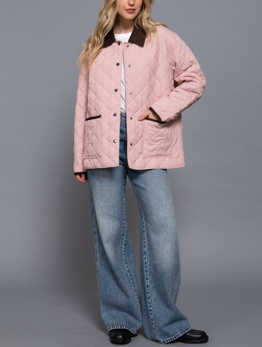 Quilted Puffer Work Jacket - Light Pink/Chocolate Trim