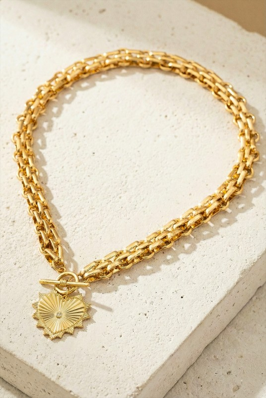 Chunky Chain Necklace with Heart Pendant - Gold