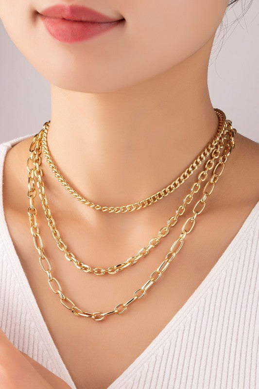 Three Row Chunky Chain Choker Necklace - Gold