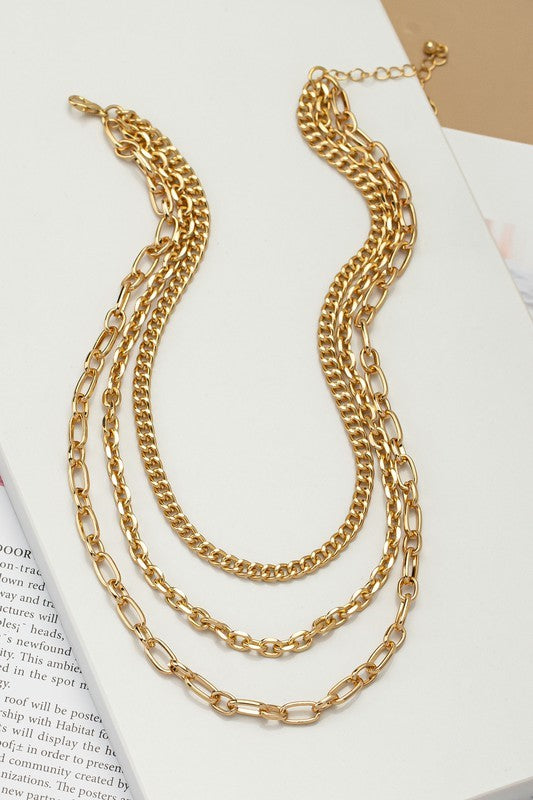 Three Row Chunky Chain Choker Necklace - Gold