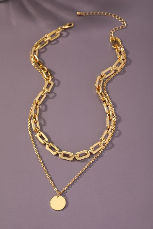 Two Row Mixed Chain Necklace with Coin Pendant