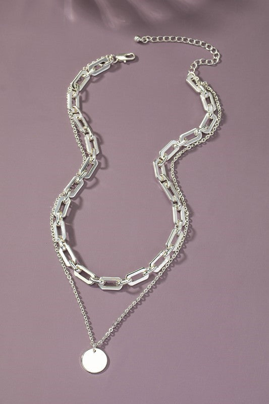 Two Row Mixed Chain Necklace with Coin Pendant