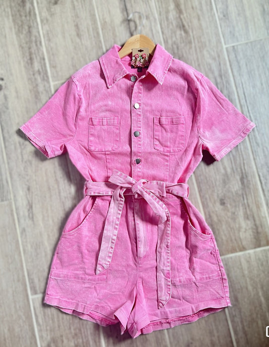 Button Down Acid Washed Romper - Pink