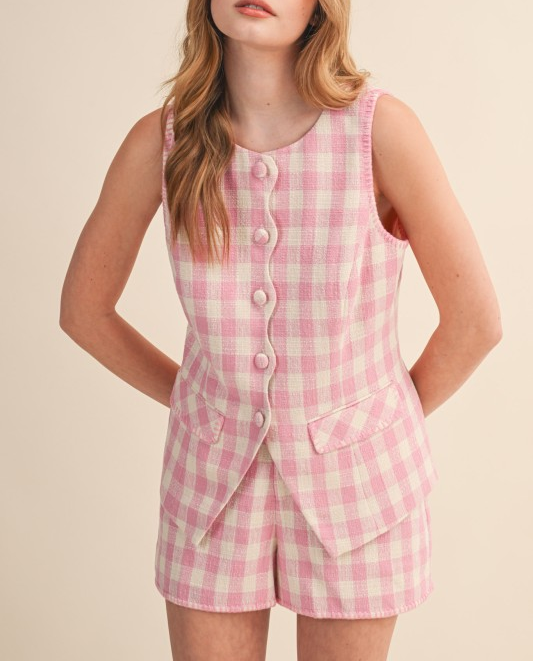 Gingham Tweed Vest and Shorts Set - Candy Pink