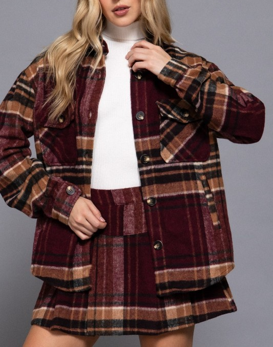 Wool Blend Plaid Jacket and Skort Set - Burgundy/Taupe